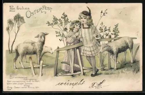 Präge-AK Mädchen mit Lämmchen auf einer Wiese, Ein frohes Osterfest