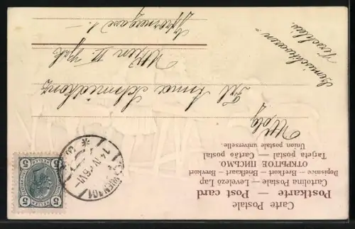 Präge-AK Mädchen mit Lämmchen auf einer Wiese, Ein frohes Osterfest