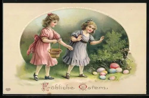 Lithographie Kinder finden Ostereier bei einem Busch, Fröhliche Ostern