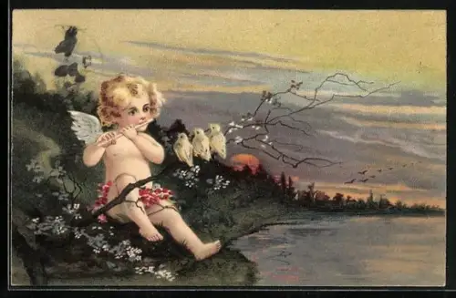 AK Engel spielt Flöte am See bei Sonnenuntergang