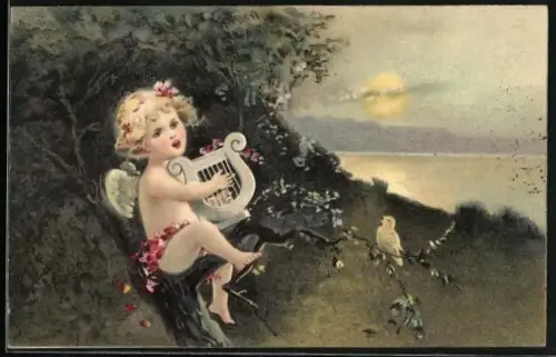 Künstler-AK Engel spielt Harfe für Vogel am See