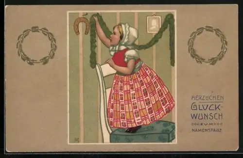 AK Kind hängt eine Girlande auf, Namenstag