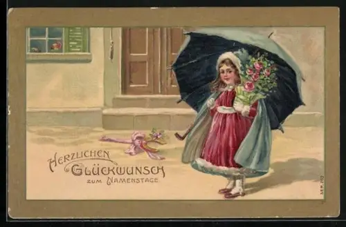 AK Mädchen mit Schirm und einem Blumenstrauss, Herzlichen Glückwunsch zum Namenstag