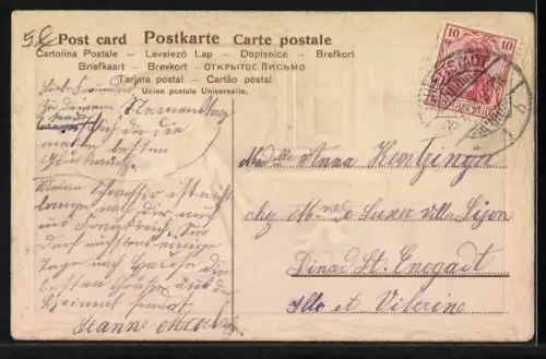 AK Mädchen mit Schirm und einem Blumenstrauss, Herzlichen Glückwunsch zum Namenstag