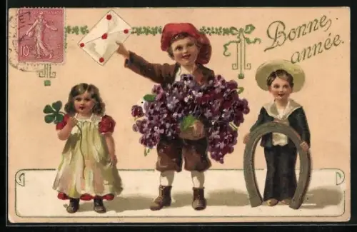 AK Kinder mit Blumen, Hufeisen und Post, Bonne Année