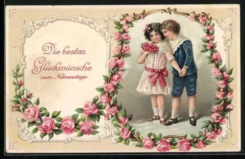 AK Zwei Kinder mit einem Blumenstrauss in einem Rahmen aus Rosen, Namenstag