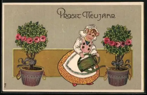 Präge-AK Mädchen in Tracht giesst Blumen, Prosit Neujahr