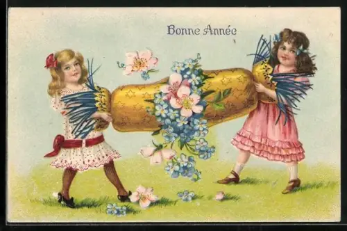 AK Mädchen öffnen ein Bonbon voller Blumen, Bonne Année