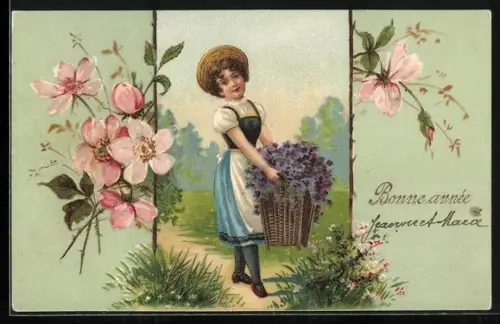 Präge-AK Mädchen mit einem Korb voller Veilchen, Bonne année