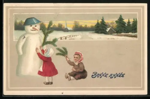 AK Kinder schmücken Schneemann, Bonne année