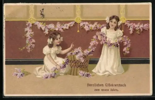 AK Mädchen hängen eine Blumengirlande auf, Herzlichen Glückwunsch zum neuen Jahre