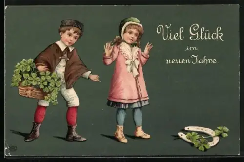 AK Kinder mit Kleeblattkorb finden Hufeisen, Neujahr