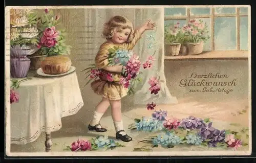Präge-AK Glückwunsch zum Geburtstage, Kind verstreut Blumen