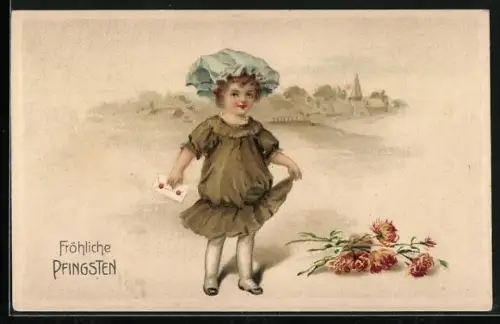 Präge-AK Kleines Kind mit einem Brief in der Hand, Fröhliche Pfingsten