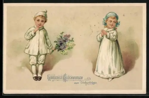 AK Junge mit einem Blumenstrauss, Herzlichen Glückwunsch zum Geburtstag