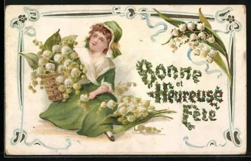 AK Mädchen mit Maiglöckchen, Bonne et Heureuse Fête