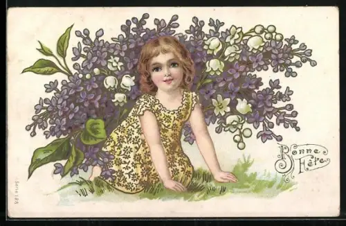 AK Mädchen umgeben von Maiglöckchen und Veilchen, Bonne fête