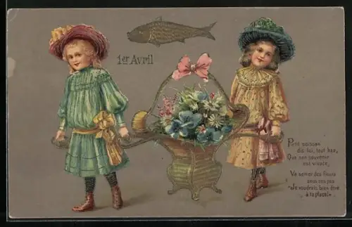 Präge-AK Zwei Kinder mit einem Korb voller Blumen und einem Fisch, 1er Avril
