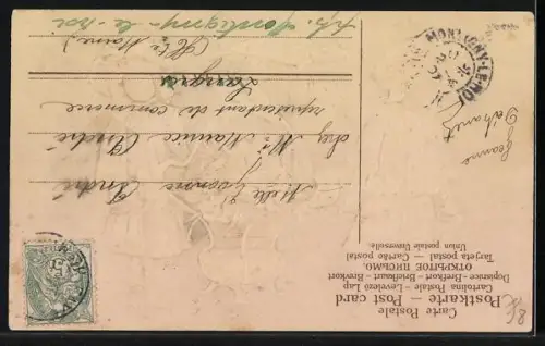 Präge-AK Zwei Kinder mit einem Korb voller Blumen und einem Fisch, 1er Avril