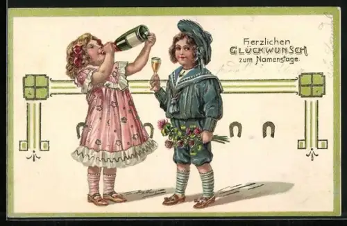 Präge-AK Herzlichen Glückwunsch zum Namenstage, Junge im Matrosenanzug, Mädchen trinkt aus Sektflasche