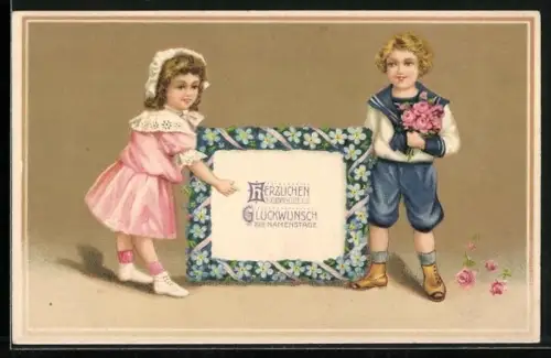 AK Zwei Kinder mit Rosen und einem Schild, Herzlichen Glückwunsch zum Namenstag