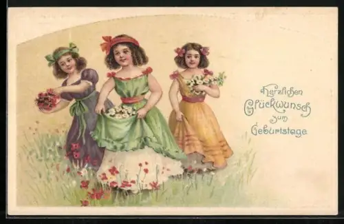 AK Drei Mädchen in schönen Kleidern auf einer Blumenwiese, Geburtstag