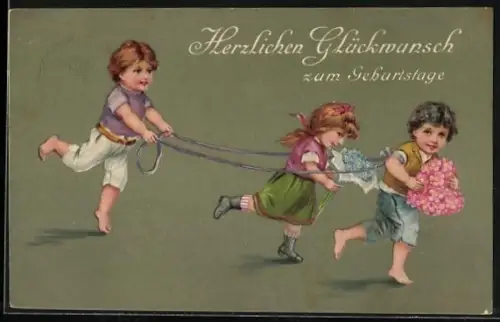 Präge-AK Drei Kinder mit Blumen, Herzlichen Glückwunsch zum Geburtstage