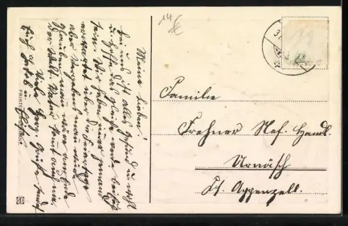 Präge-AK Mädchen schreibt nebst Kleeblatt-Strauss einen Brief am Sekretär, Neujahr