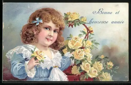 AK Junges Mädchen mit gelben Rosen, Bonne et heureuse année