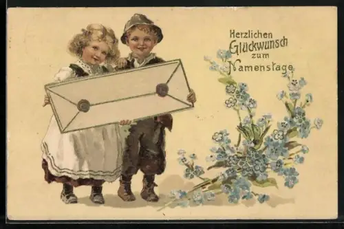 AK Kinder mit Brief und Vergissmeinnicht, Herzlichen Glückwunsch zum Namenstag
