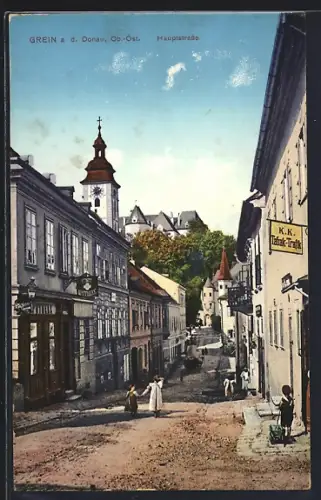 AK Grein a. d. Donau, Hauptstrasse mit K. K. Tabak-Trafik