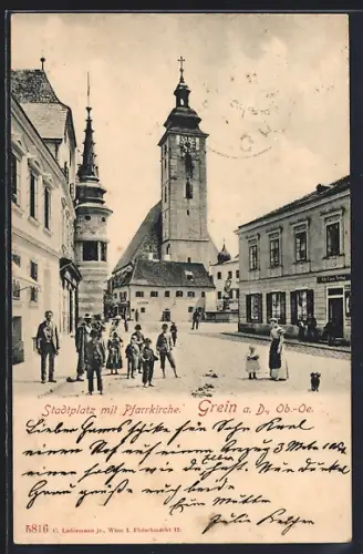 AK Grein a. D., Stadtplatz mit Pfarrkirche