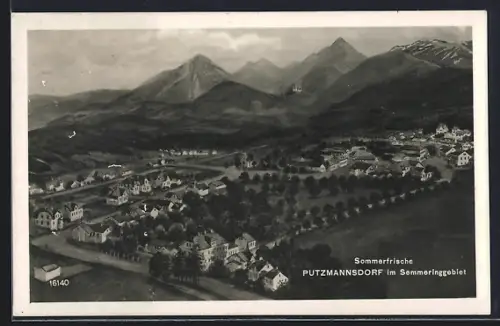 AK Putzmannsdorf im Semmeringgebiet, Gesamtansicht mit Bergpanorama aus der Vogelschau