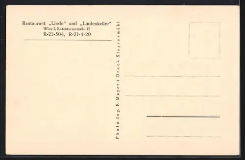 AK Wien, Restaurant Linde und Lindenkeller, Rotenturmstrasse 12