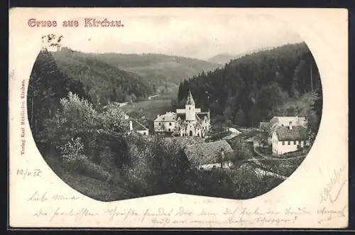 AK Kirchau, Ortsansicht mit Umgebung aus der Vogelschau