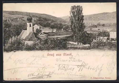 AK Plank, Ortspartie mit Kirche aus der Vogelschau