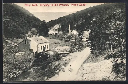 AK Winzendorf /Hohe Wand, Neue Welt, Eingang in die Prosset u. Radfahrer