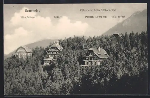 AK Semmering, Villenviertel am Sübbahnhotel und der Pension Alpenheim, Villas Landau, Bittner und Seydel