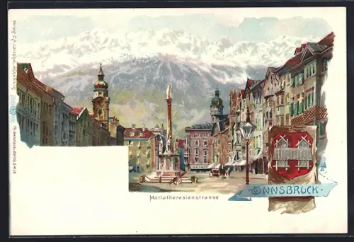 Lithographie Innsbruck, Partie auf der Mariatheresienstrasse, Wappen
