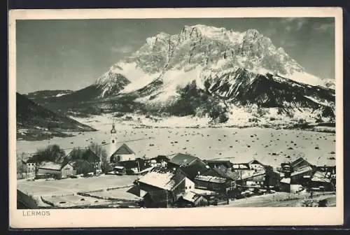 AK Lermoos, Ortsansicht aus der Vogelschau mit Zugspitze im Winter