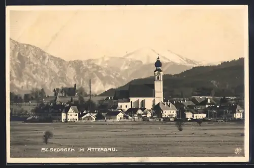 AK St. Georgen im Attergau, Ortsansicht mit Bergpanorama