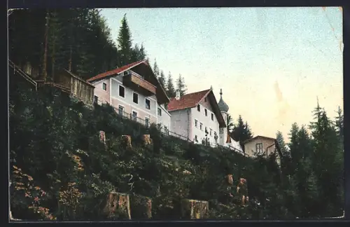 AK Heiligwasser bei Igls, Wohnhäuser auf Anhöhe mit Baumstümpfen