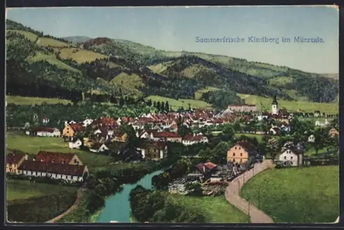 AK Kindberg im Mürztale, Ortsansicht mit Flusspartie