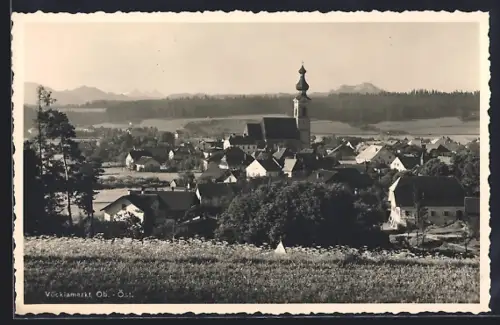 AK Vöcklamarkt /Ob.-Öst., Ortsansicht von der Weide aus mit Kirchturm
