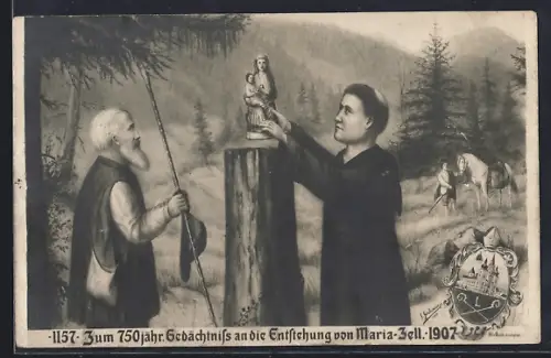 Künstler-AK Maria-Zell, Zum 750 jähr. Gedächtnis an die Entstehung des Ortes 1907, Mönch mit Marienstatue