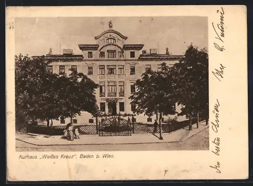 AK Baden b. Wien, Frontalansicht vom Kurhaus Weisses Kreuz
