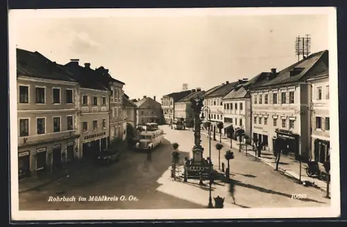 AK Rohrbach /Mühlkreis, Hauptplatz mit Geschäften und Mariensäule