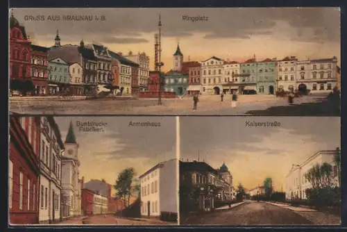 AK Braunau i. B., Buntdruck-Fabriken u. Armenhaus, Kaiserstrasse, Ringplatz-Panorama