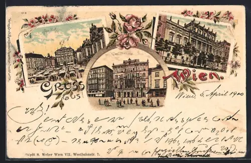 Lithographie Wien, Am Hof, Palais Erzherzog Wilhelm, Carl Theater, Rosen