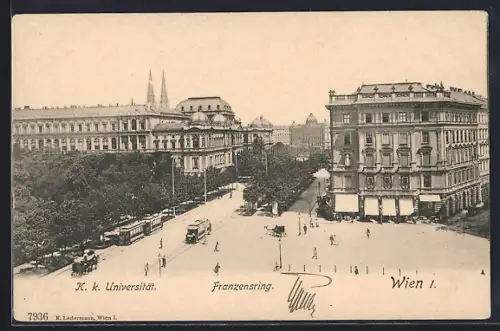 AK Wien, Franzensring mit Strassenbahn u. Universität aus der Vogelschau